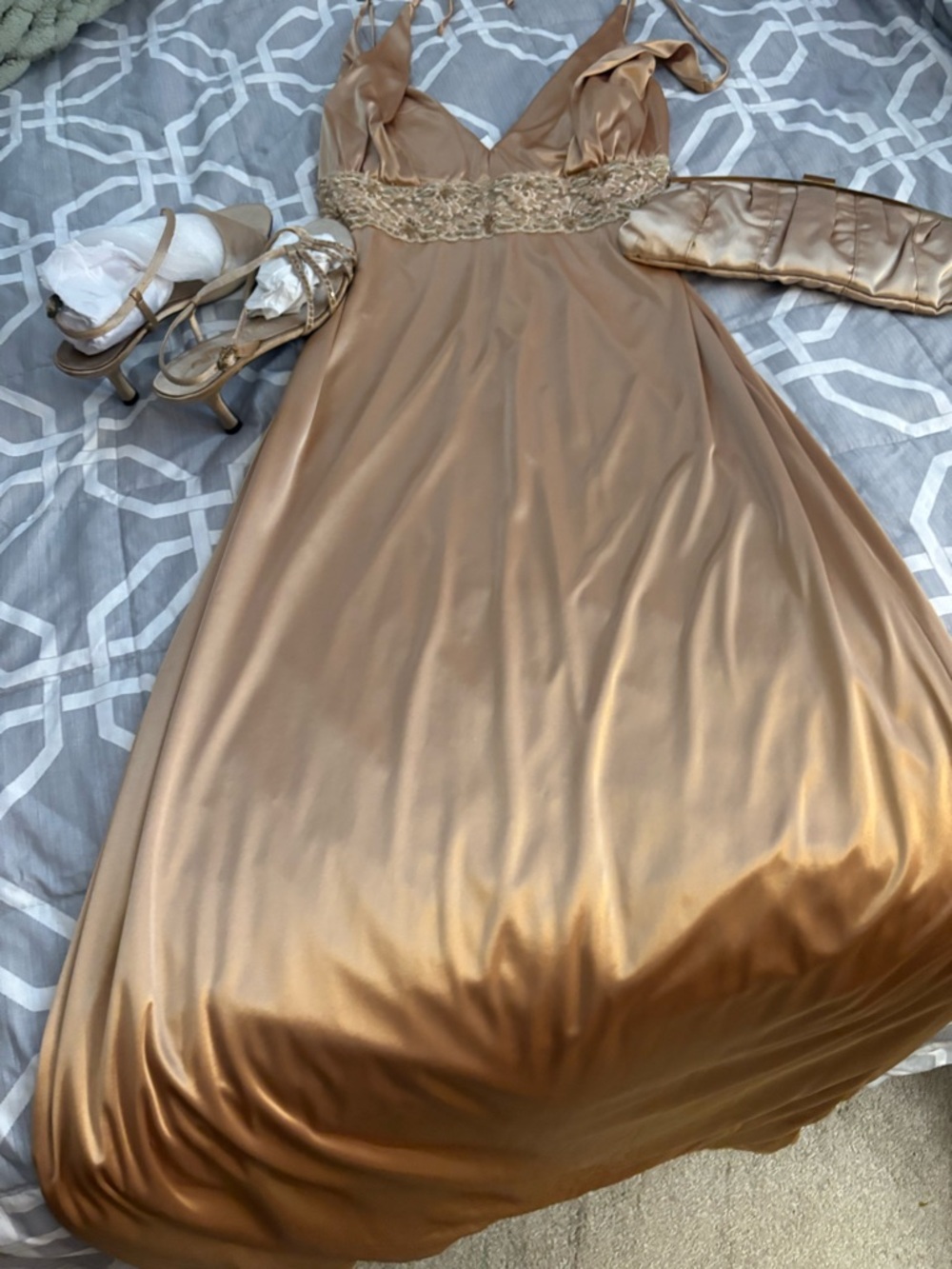 Satin Champagne Evening Gown with Embellished Waist & matching accessories